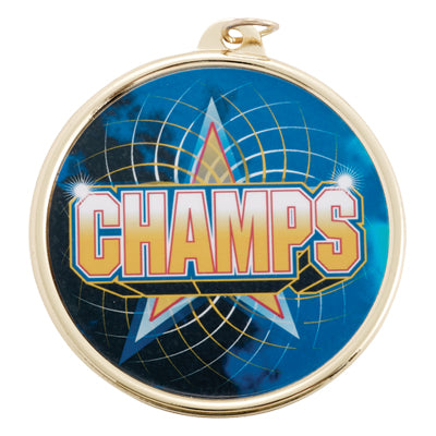 2-1/4 Inch in Diameter Round Gold and Mylar 'Champs' Medal with Customizable Back