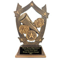 6-1/4 INCH ANTIQUE GOLD RESIN CHEERLEADER WITH MEGAPHONE POM POMS & STAR TROPHY