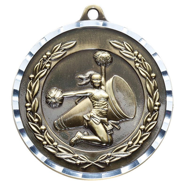 2 Inch Cheer Themed Diamond-Engraved Brass Medal with Customizable Back in Gold, Silver, or Bronze