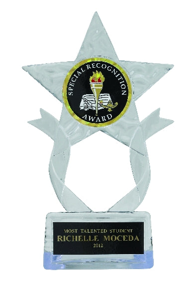 CLEAR ACRYLIC STAR TROPHY, 7-1/2 INCH, 2 INCH INSERT