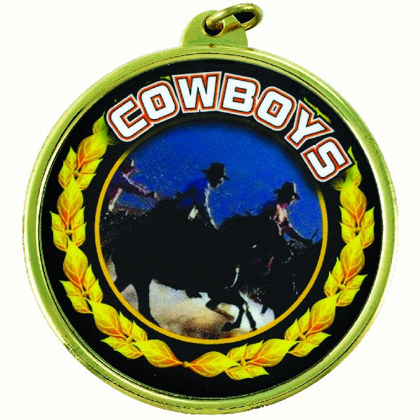 2-1/4 Inch in Diameter Round Detailed 'Cowboys' Sports Medal in Gold with Mylar Detailing and Customizable Back