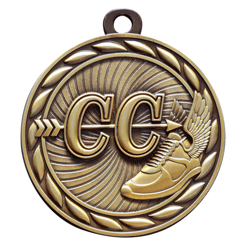 Die-Cast Metal 2-Inch in Diameter Round Cross Country Medal with Customizable Back in Antique Gold