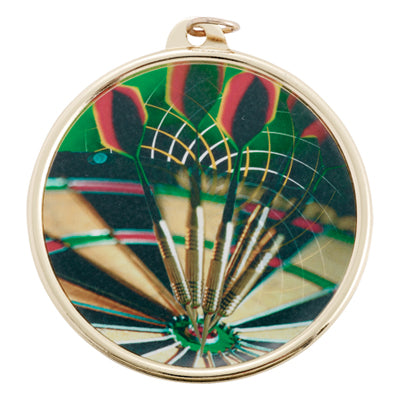 2-1/4 Inch in Diameter Round Gold and Mylar Darts Themed Medal with Customizable Back