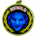 2-1/4 Inch in Diameter Round Blue 'Devils' Themed Gold and Mylar Sports Medal with Customizable Back