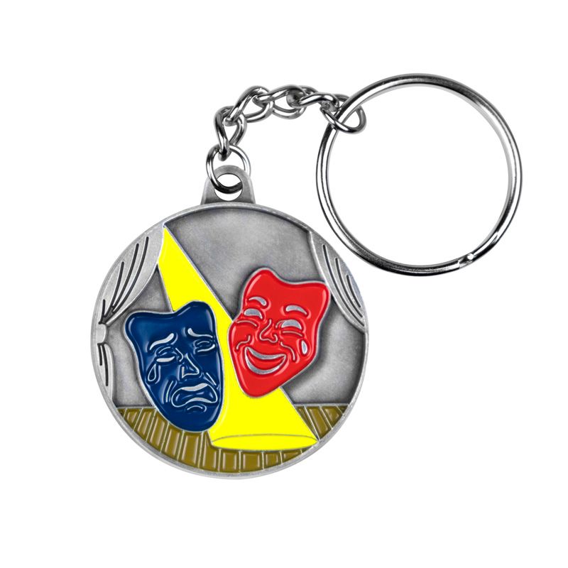 1-5/8 INCH DRAMA MASKS ANTIQUE PEWTER ENAMELED KEY CHAIN
