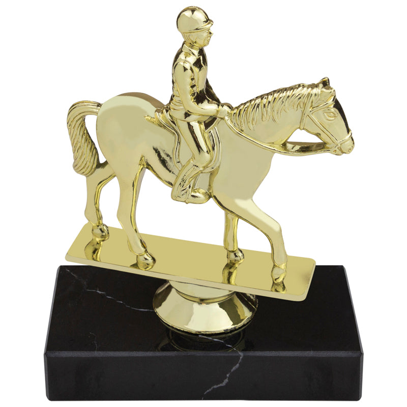 6-1/4 INCH EQUESTRIAN HORSE ANIMAL GOLD TROPHY ON BLACK MARBLE BASE