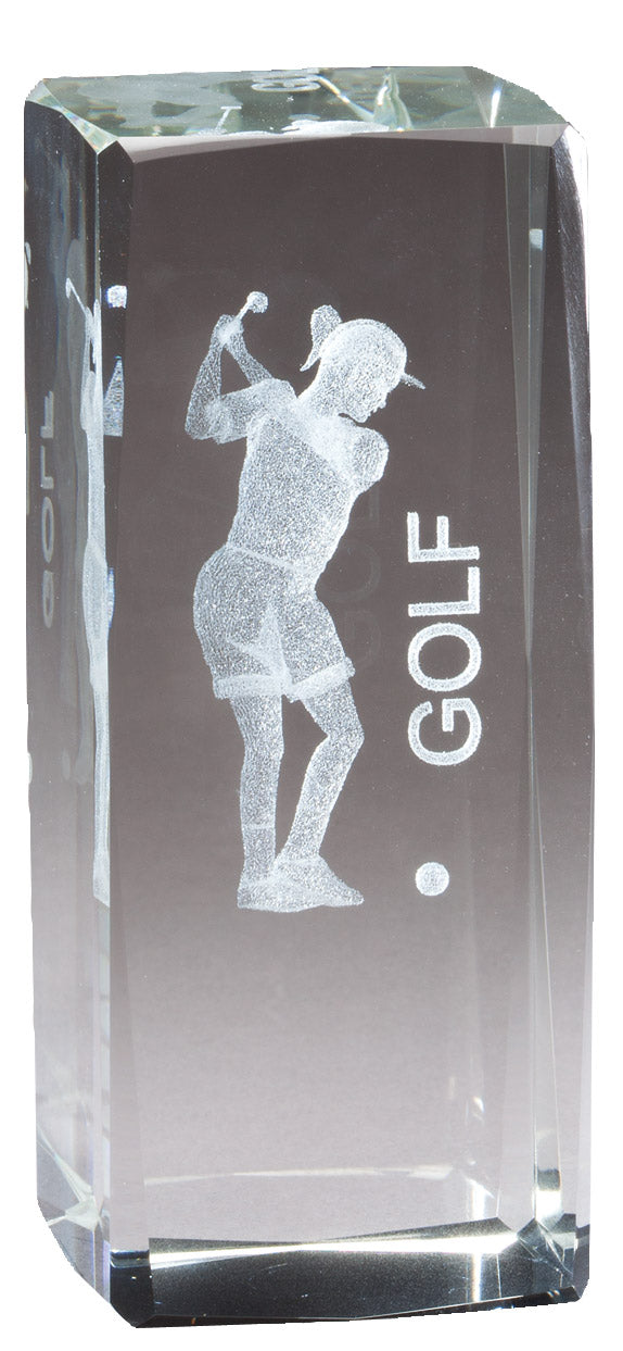 4 1/2 INCH X 2 INCH FEMALE GOLF TROPHY CRYSTAL LASER ENGRAVED IMAGE