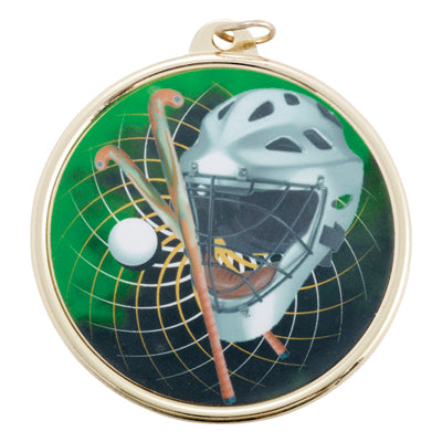 2-1/4 Inch in Diameter Round Gold Field Hockey Medal with Mylar Front Detailing and Customizable Back