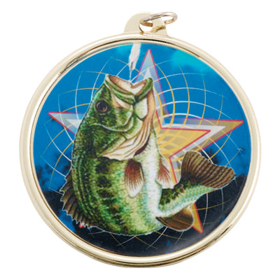 2-1/4 Inch in Diameter Round Fishing Themed Gold and Mylar Medal with Customizable Back