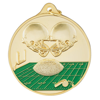 2-1/2 Inch Enameled Die-Cast Football Themed Medal in Gold, Silver, or Bronze