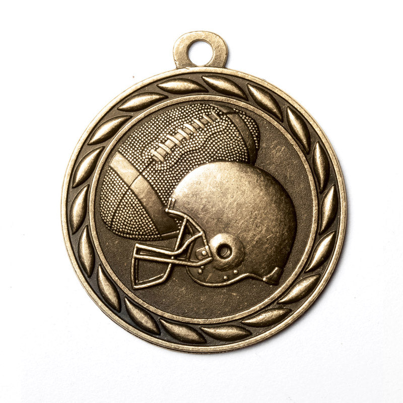 Metal 2-Inch in Diameter Round Football Medal with Cutomizable Back in Multiple Colors