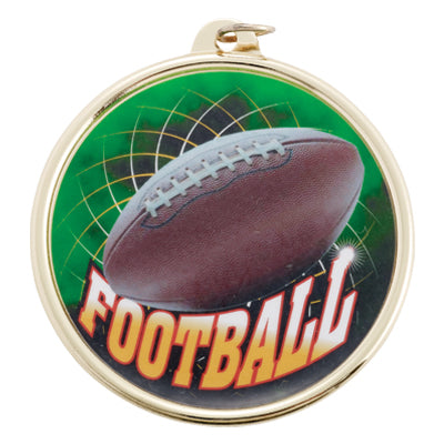 2-1/4 Inch in Diameter Round Gold Football Sports Medal with Mylar Detailing and Customizable Back