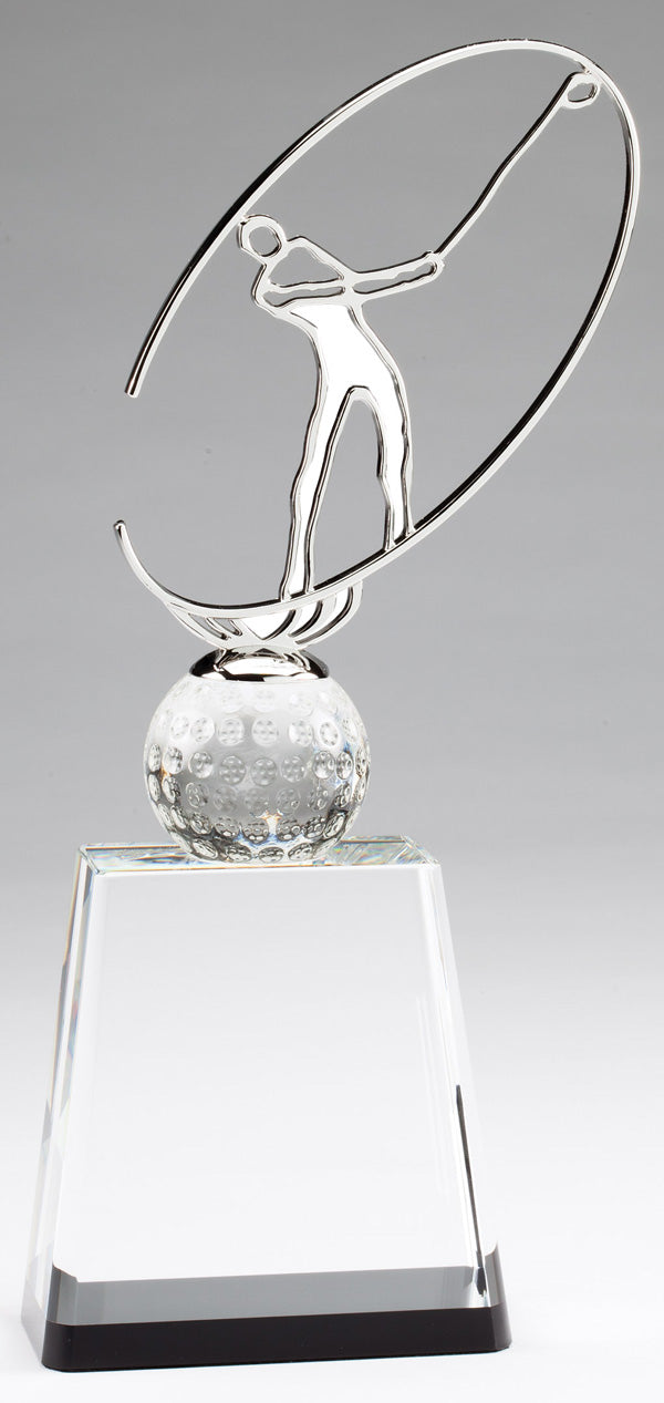 11 INCH X 5 INCH MODERN METAL GOLFER ON CRYSTAL BASE TROPHY