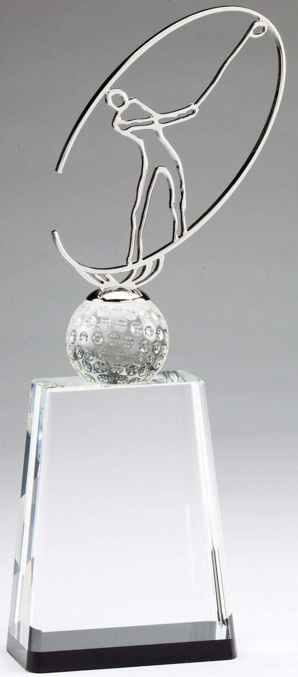 12 INCH X 5 INCH MODERN METAL GOLFER ON CRYSTAL BASE TROPHY