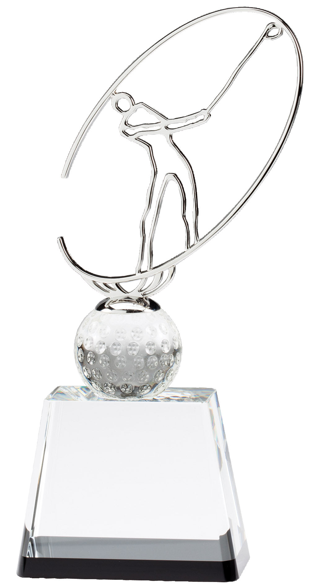 10 INCH X 5 INCH MODERN METAL GOLFER ON CRYSTAL BASE TROPHY