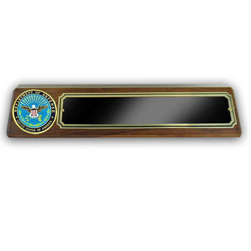 GENUINE WALNUT DESK BLOCK WITH DEPT. OF DEFENSE MEDALLION AND BLACK SCREENED PLATE