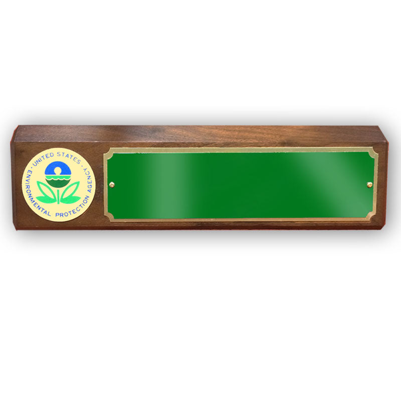 GENUINE WALNUT DESK BLOCK WITH ENVIRONMENTAL PROTECTION AGENCY MEDALLION AND GREEN PLATE