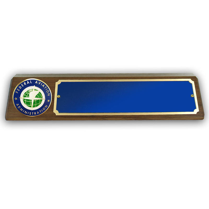 GENUINE WALNUT DESK BLOCK WITH FEDERAL AVIATION ADMINISTRATION MEDALLION AND BLUE PLATE