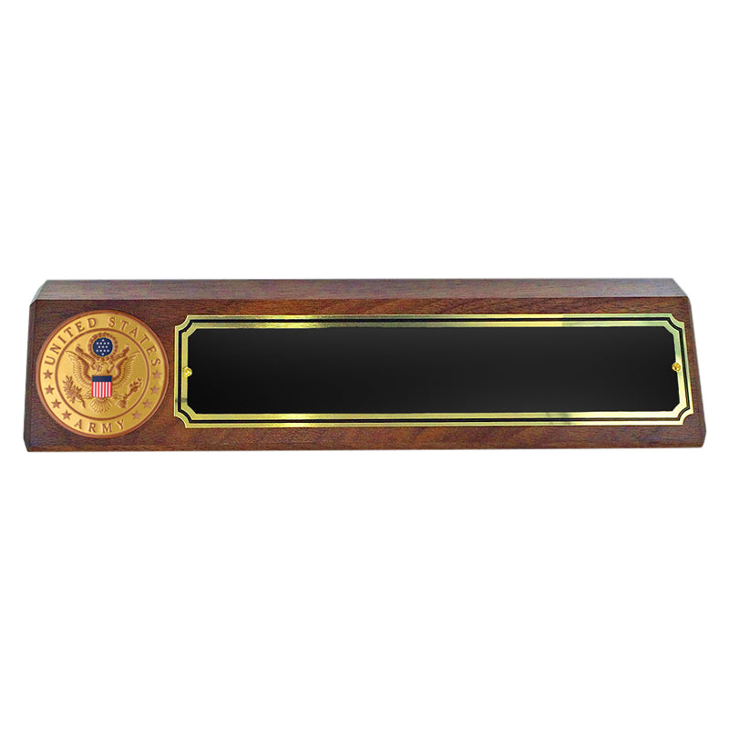 GENUINE WALNUT DESK BLOCK WITH U.S. ARMY SYMBOL MEDALLION AND BLACK SCREENED PLATE
