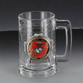 GLASS TANKARD WITH ANTIQUE PEWTER FINISH. CASTING HOLDS 2 INCH U.S MARINE CORPS MEDALLION. CAPACITY 15 OUNCE.