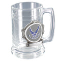 GLASS TANKARD WITH ANTIQUE PEWTER FINISH. CASTING HOLDS A 2 INCH EMBOSSED U.S AIR FORCE MEDALLION. CAPACITY 15 OUNCE