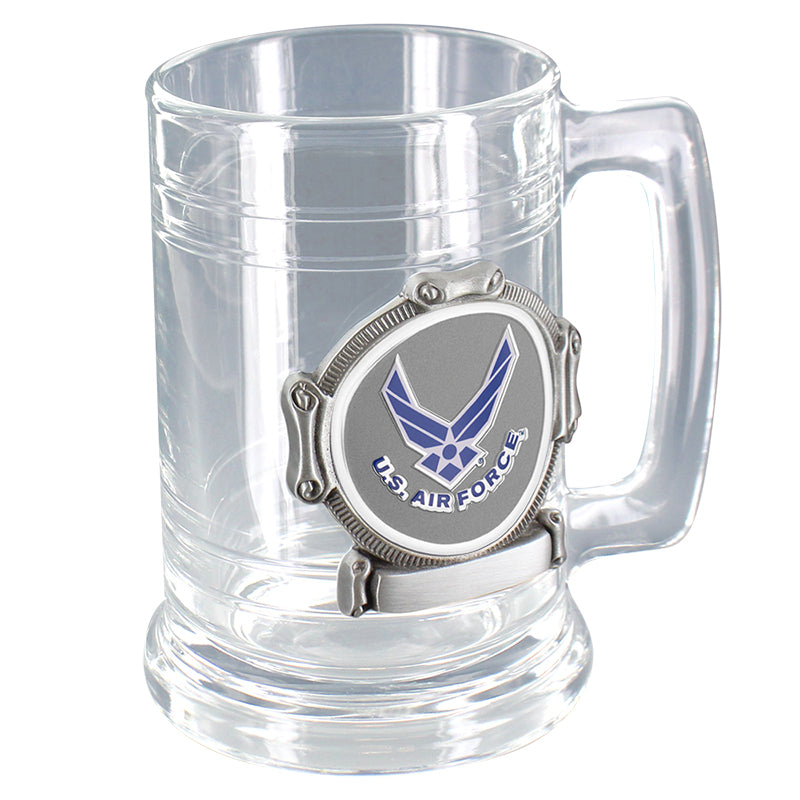GLASS TANKARD WITH ANTIQUE PEWTER FINISH. CASTING HOLDS A 2 INCH EMBOSSED U.S AIR FORCE MEDALLION. CAPACITY 15 OUNCE