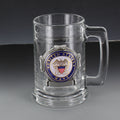 GLASS TANKARD WITH ANTIQUE PEWTER FINISH. CASTING HOLDS FULL COLOR U.S NAVY MEDALLION. CAPACITY 15 OUNCE.