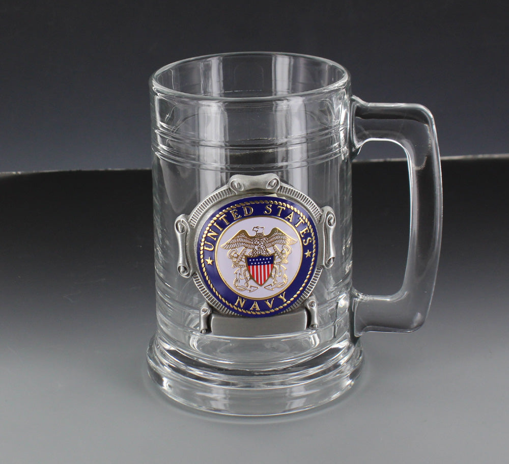 GLASS TANKARD WITH ANTIQUE PEWTER FINISH. CASTING HOLDS FULL COLOR U.S NAVY MEDALLION. CAPACITY 15 OUNCE.