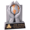 GLOBE/HAND SILVER TROPHY, 6-1/2 INCH, HAND PAINTED