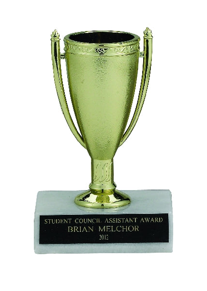 GOLD CUP TROPHY, 4-1/2 INCH, WHITE PLASTIC BASE