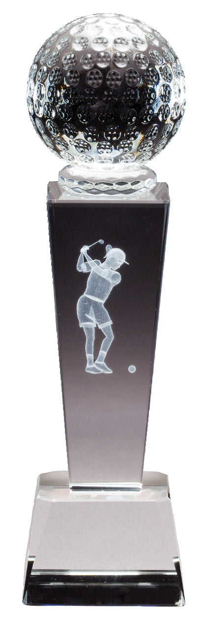 8 1/2 INCH X 2 1/2 INCH GOLF FEMALE CRYSTAL TROPHY LASER ENGRAVED GOLFER INSIDE CRYSTAL