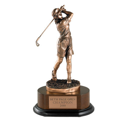 GOLF TROPHY, FEMALE, 12 INCH, ELECTROPLATED IN ANTIQUE BRONZE