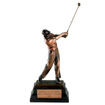 GOLFER, MALE, 10-1/4 INCH, TINTED ELECTROPLATED IN ANTIQUE BRASS