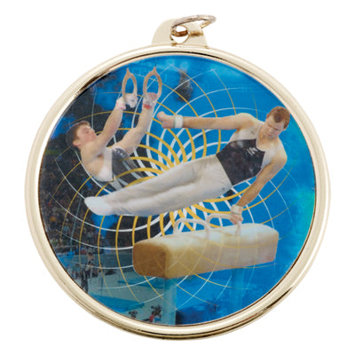 2-1/4 Inch in Diameter Round Male Gymnastics Gold Medal with Mylar Front Detailing and Customizable Back