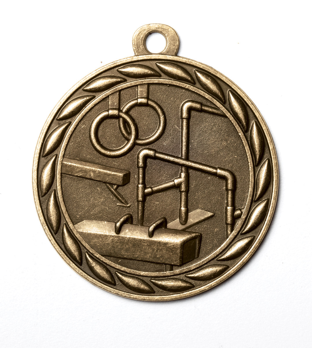 Metal 2-Inch in Diameter Round Gymnastics Medal with Customizable Back in Antique Brass