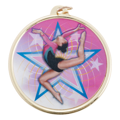 2-1/4 Inch in Diameter Round Female Gymnastics Medal in Gold and Mylar with Customizable Back