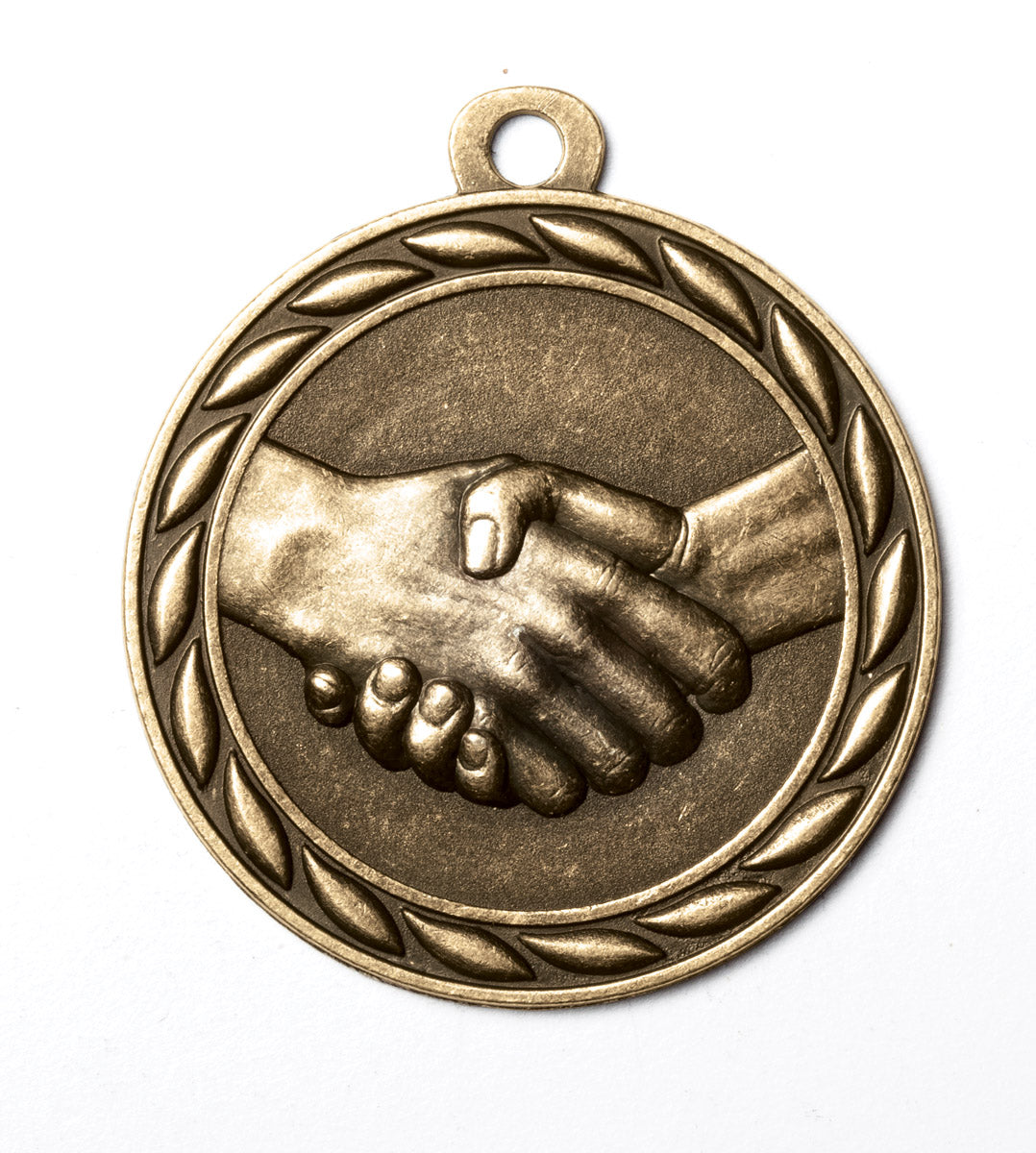 Metal 2-Inch in Diameter Round Handshake Medal with Customizable Back in Antique Brass