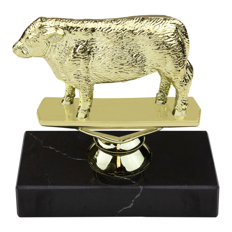 5-1/2 INCH HEREFORD STEER ANIMAL GOLD TROPHY ON BLACK MARBLE BASE