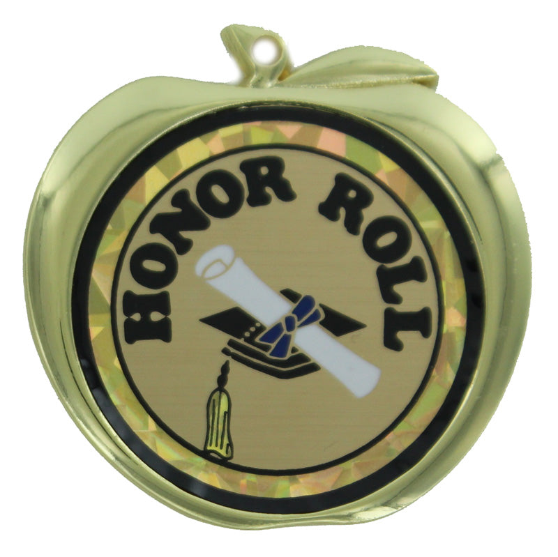 2-1/2 Inch Honor Roll Themed Apple Medal in Gold
