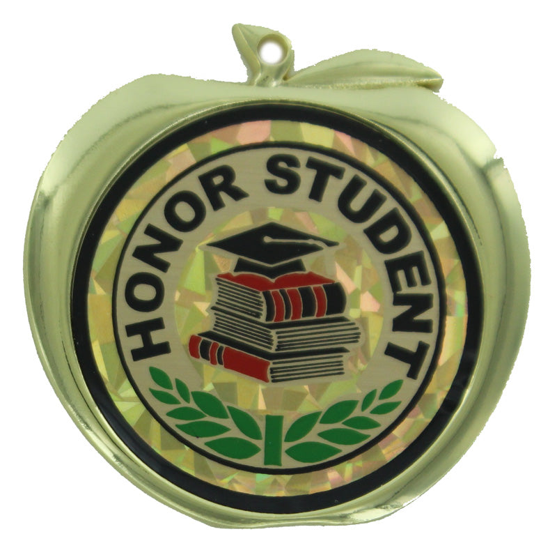 2-1/2 Inch Honor Student Themed Apple Medal in Gold