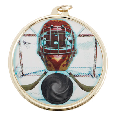 2-1/4 Inch in Diameter Round Ice Hockey Themed Gold and Mylar Medal with Customizable Back