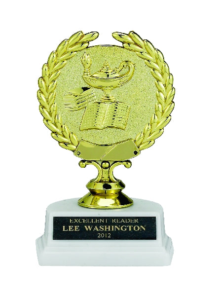 LAMP OF LEARNING AND BOOK TROPHY, 5-1/2 INCH, WHITE MARBLE BASE