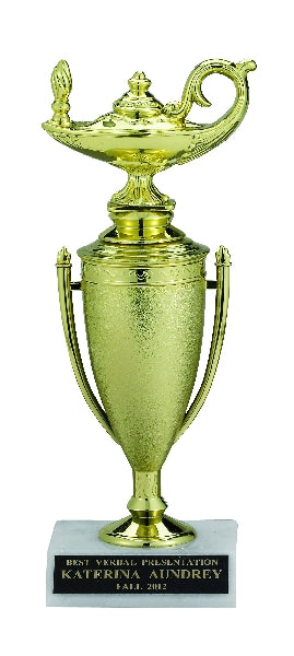 LAMP OF LEARNING TROPHY CUP, 8-1/2 INCH, WHITE PLASTIC BASE