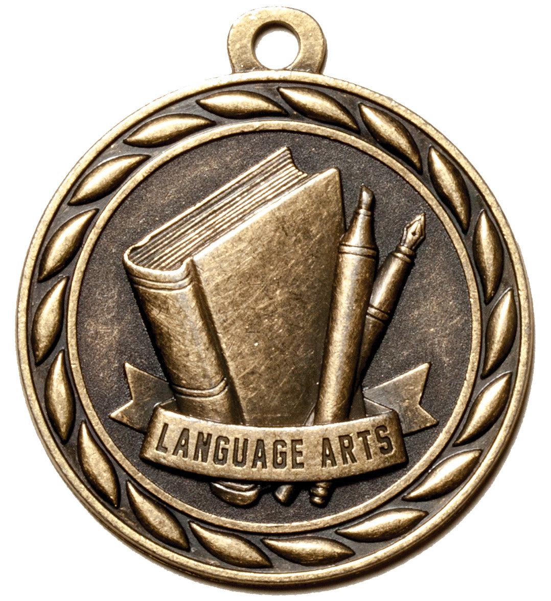 Metal 2-Inch in Diameter Round Language Arts Medal with Customizable Back in Antique Brass