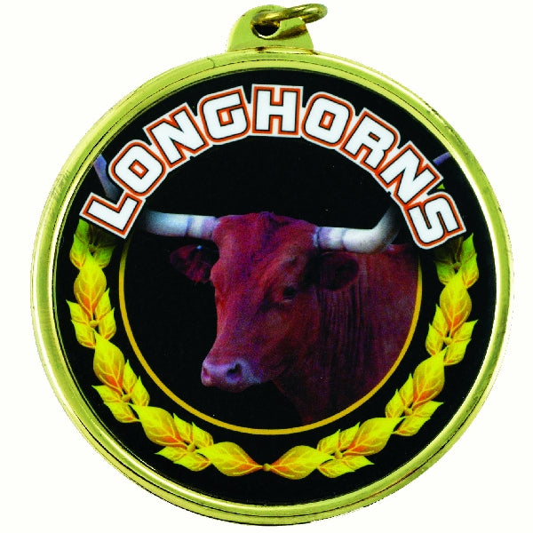2-1/4 Inch in Diameter Round 'Longhorns' Themed Gold and Mylar Sports Medal with Customizable Back