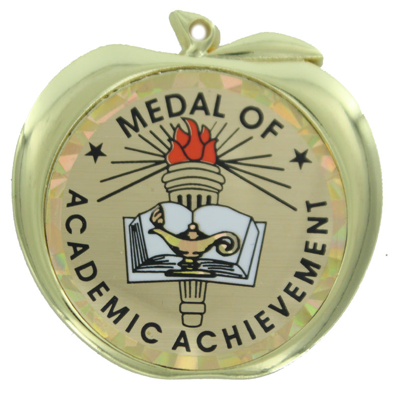 2-1/2 Inch Academic Achievement Themed Apple Medal in Gold