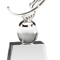 9 3/4 INCH x 3 1/2 INCH METAL TENNIS SCULPTURE ON CRYSTAL BASE WITH BALL