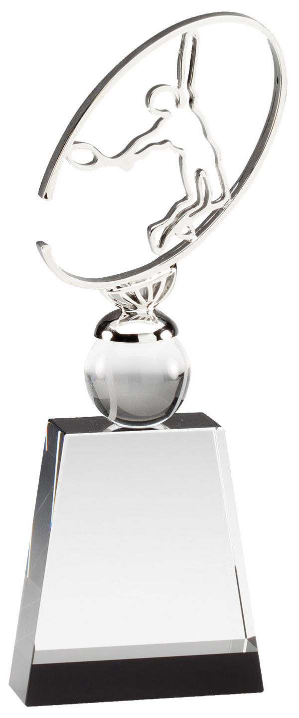 9 3/4 INCH x 3 1/2 INCH METAL TENNIS SCULPTURE ON CRYSTAL BASE WITH BALL