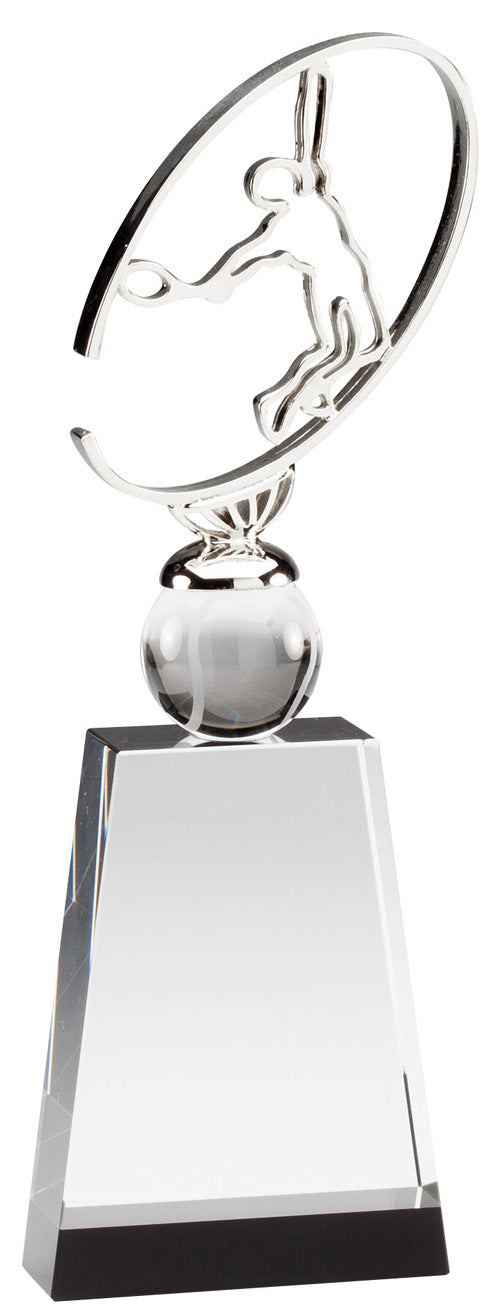10 3/4 INCH X 3 1/2 INCH METAL TENNIS SCULPTURE ON CRYSTAL BASE WITH BALL