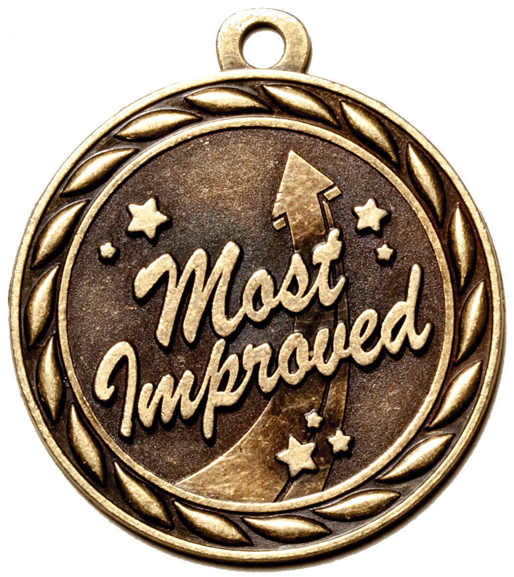 Metal 2-Inch in Diameter Round 'Most Improved' Medal with Customizable Back in Antique Brass